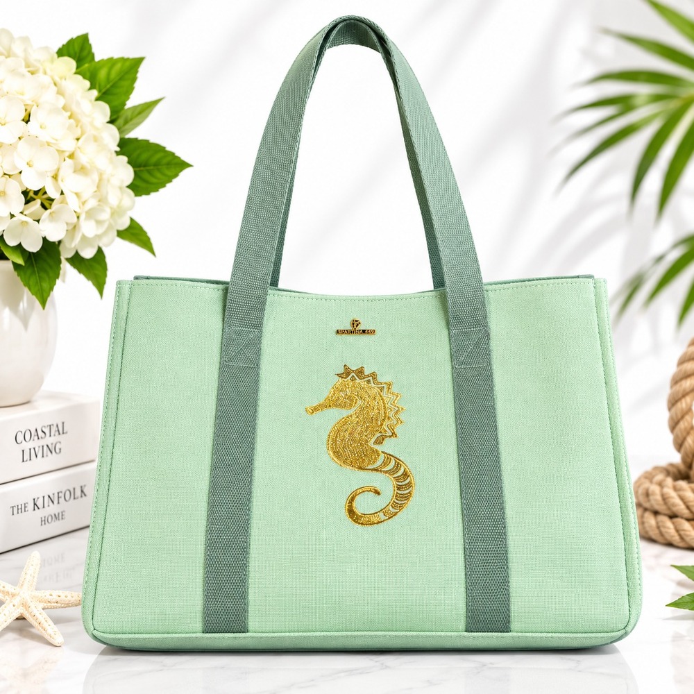 Spartina 449 Seahorse Embroidered Canvas Green Tote Bag with Webbing Handles